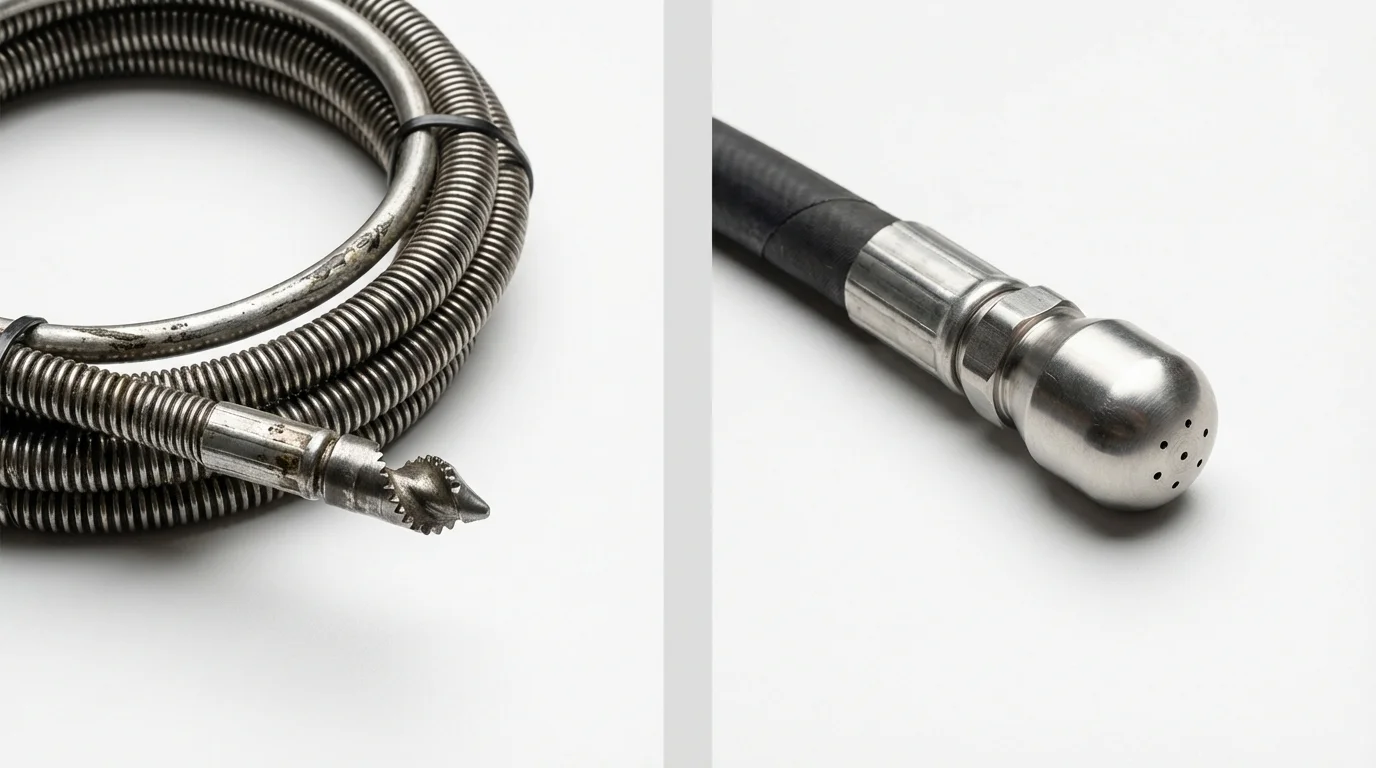 Drain snake cable and hydro jetting nozzle used for drain cleaning in New Hope, PA