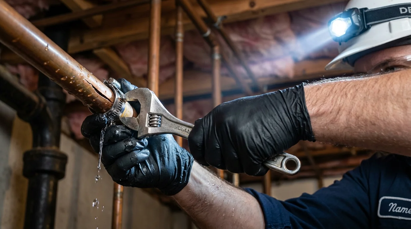 Emergency pipe clamp repair being performed by a Johns Plumbing LLC plumber in New Hope