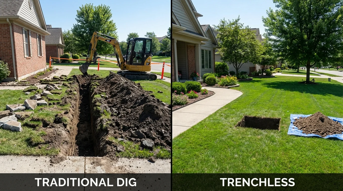 Trenchless sewer repair with minimal yard damage versus traditional excavation in New Hope, PA