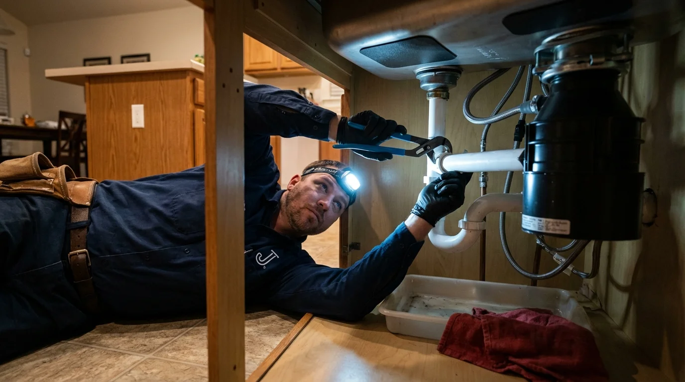 P-trap and supply line connections under a kitchen sink showing a common leak point in New Hope, PA